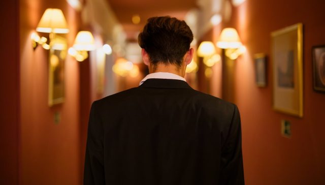 man in black suit standing in the hallway